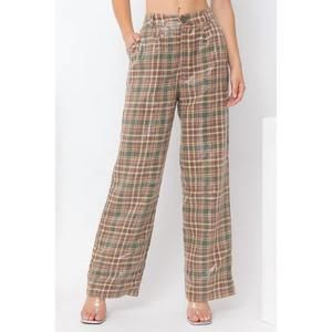 NEW PRETTY GARBAGE that's a wrap sequin plaid pants in brown multi